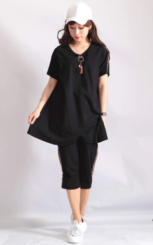 Gold Japan Plus Size Short Striped Solid Korean Black Women's Nightwear/Loungewear Set, Sleeves, Pants, Color, Style, Goldy-476, 6L,