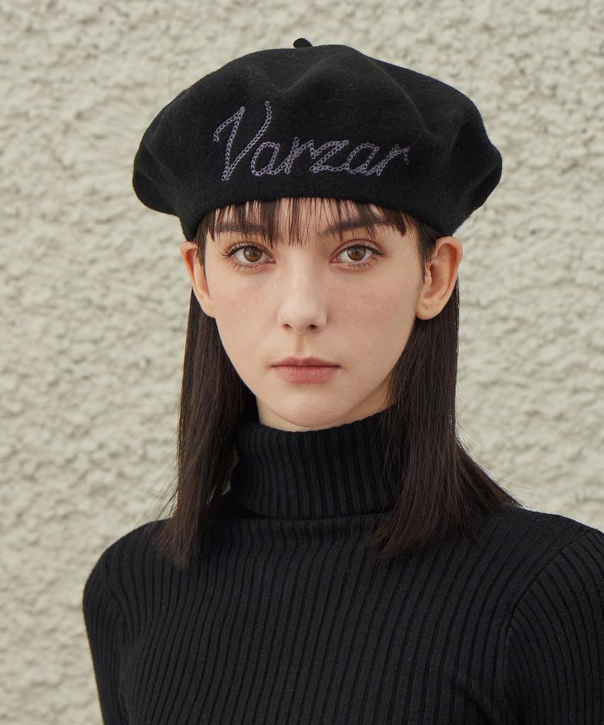 Bajal Cursive Logo Wool Beret Black