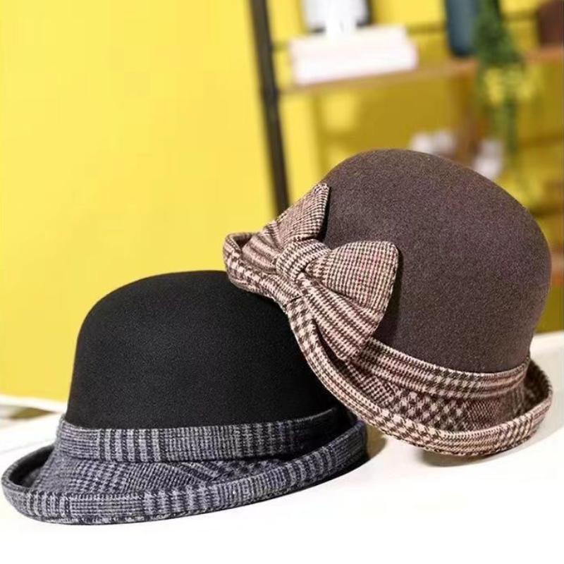 Basin Hat Women's Autumn and Winter Hemming Elegant Bow Woolen Hat Plaid Top Hat British