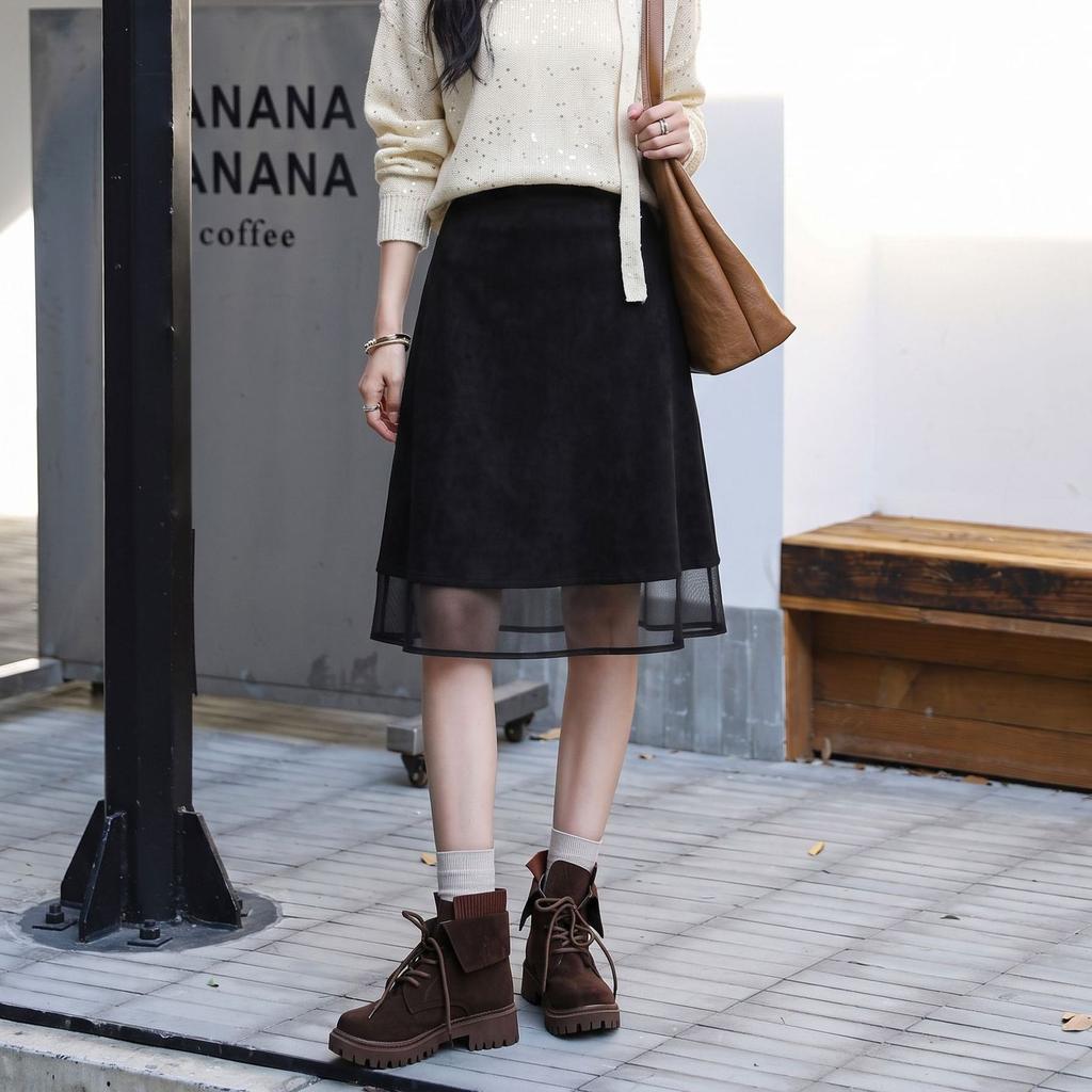 Women's Faux Suede A-Line Midi Skirt – Stylish, Versatile, Solid-Color Early Autumn Essential for Daily Commuting