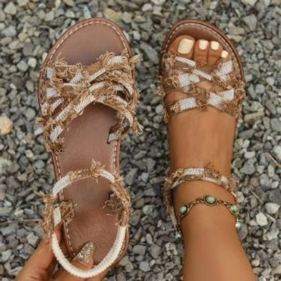 2025 Summer Plus Size Plaid Roman Sandals - Women s African Style 39 хаки