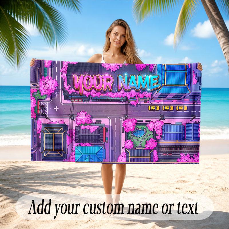City Cyberpunk Theme Soft Beach Towel Personalized Custom Name Text Towel Portable for Beach Pool Travel