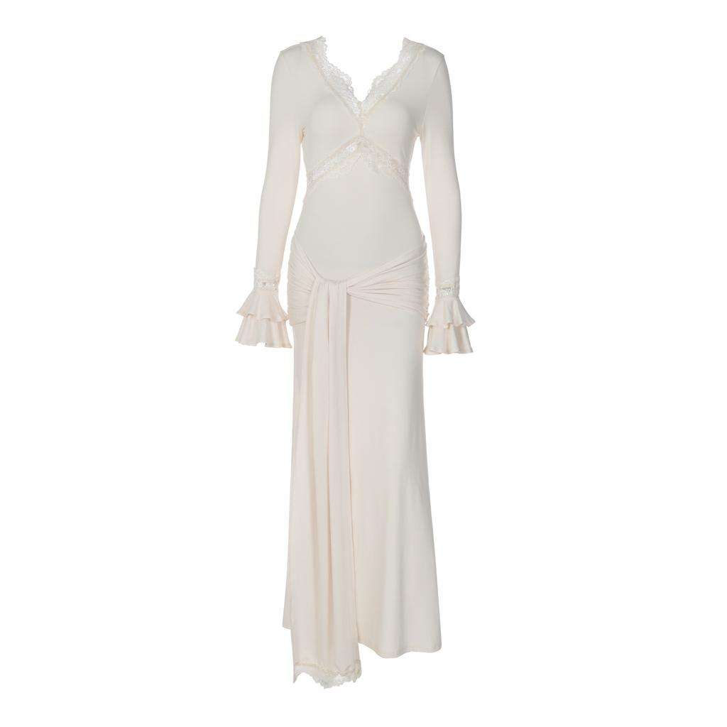 Women's Black Long Dress with Lace Decoration and Flared Sleeves