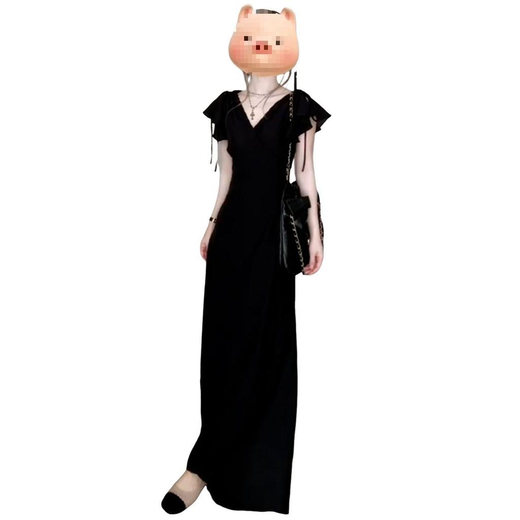 Hepburn Style V-Neck Black Dress for Women - Summer 2026 High-End Long Dress