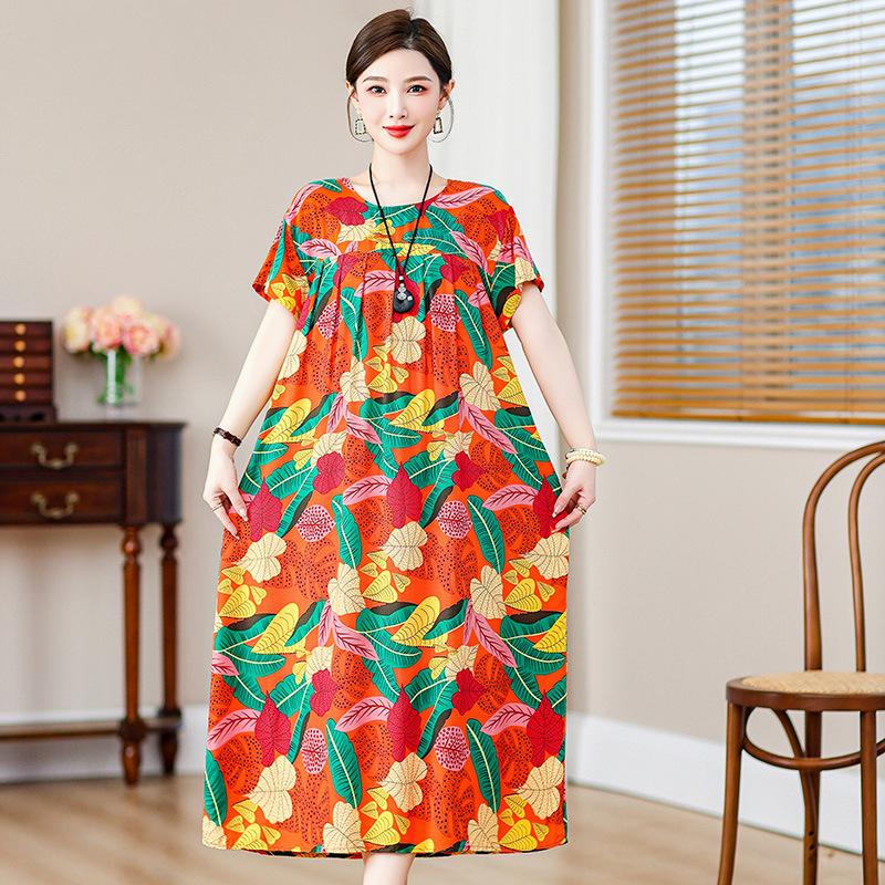 2 Neues hochwertiges florales Baumwoll-Seiden-Kleid für Damen-Sommer-Temperament, Bauchbedeckung für Mütter, große Größe künstliche Baumwolle langer Rock