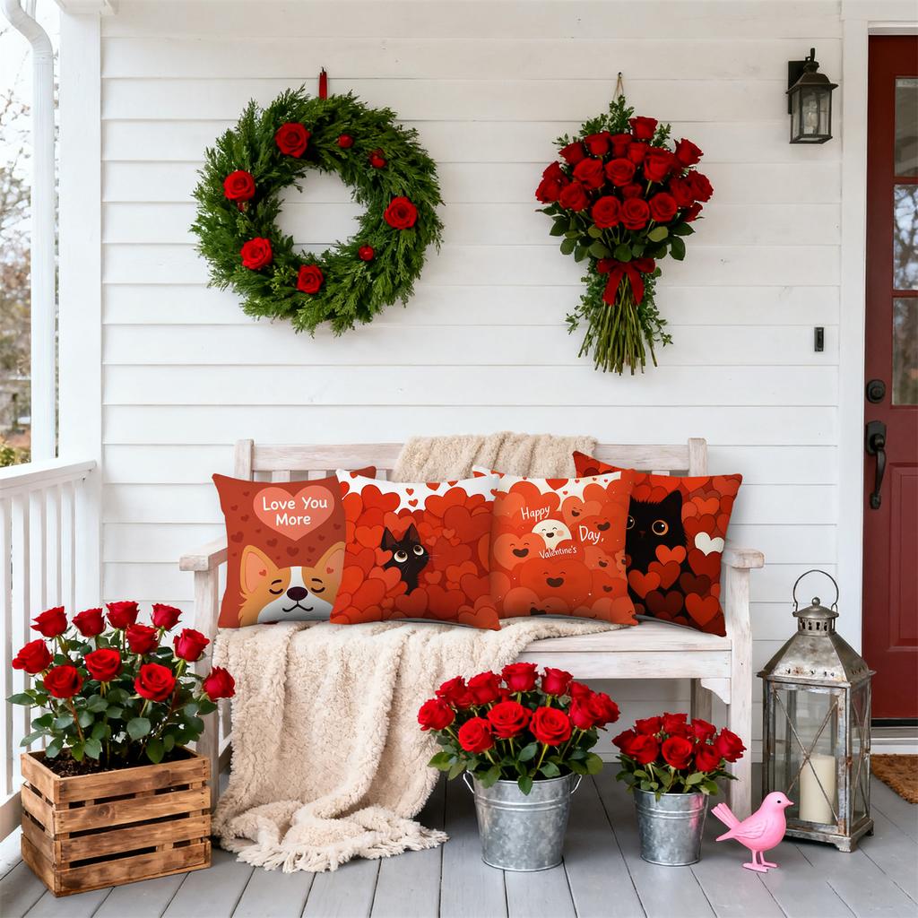 4pcs Valentine'S Day Throw Pillow Covers | Love You More Puppy Kitten Heart Designs, Zip Closure, Polyester