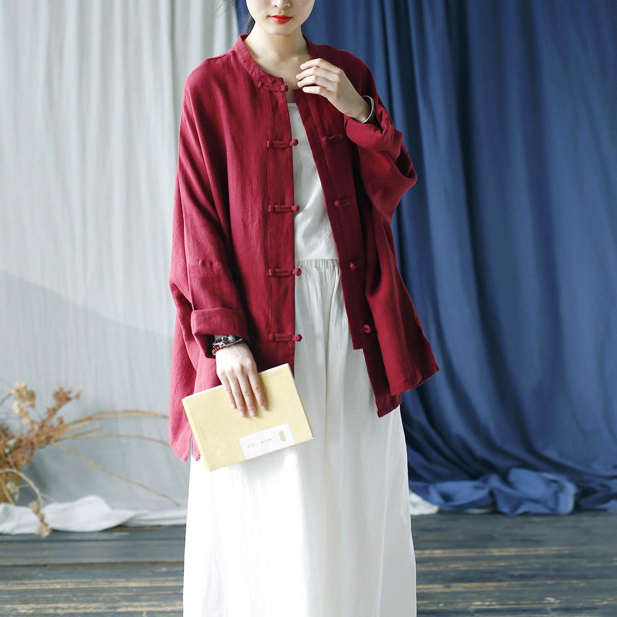 

Johnature Женские рубашки в китайском стиле, однотонные топы с длинными рукавами, осенние винтажные свободные женские блузки с пуговицами из рами One Size бордовый