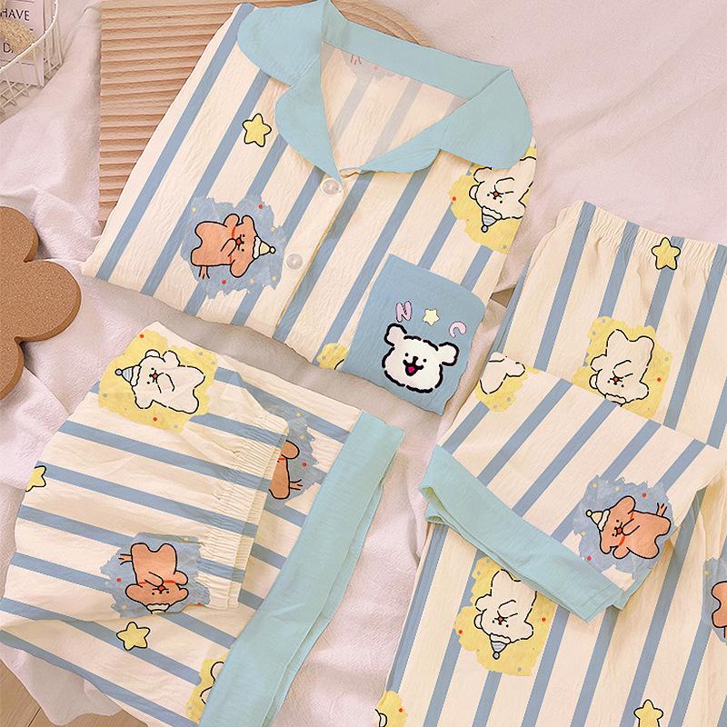Line Puppy Small Fresh Striped Cloud Cotton Short-Sleeved Pajamas Women'S Summer Three-Piece Loungewear