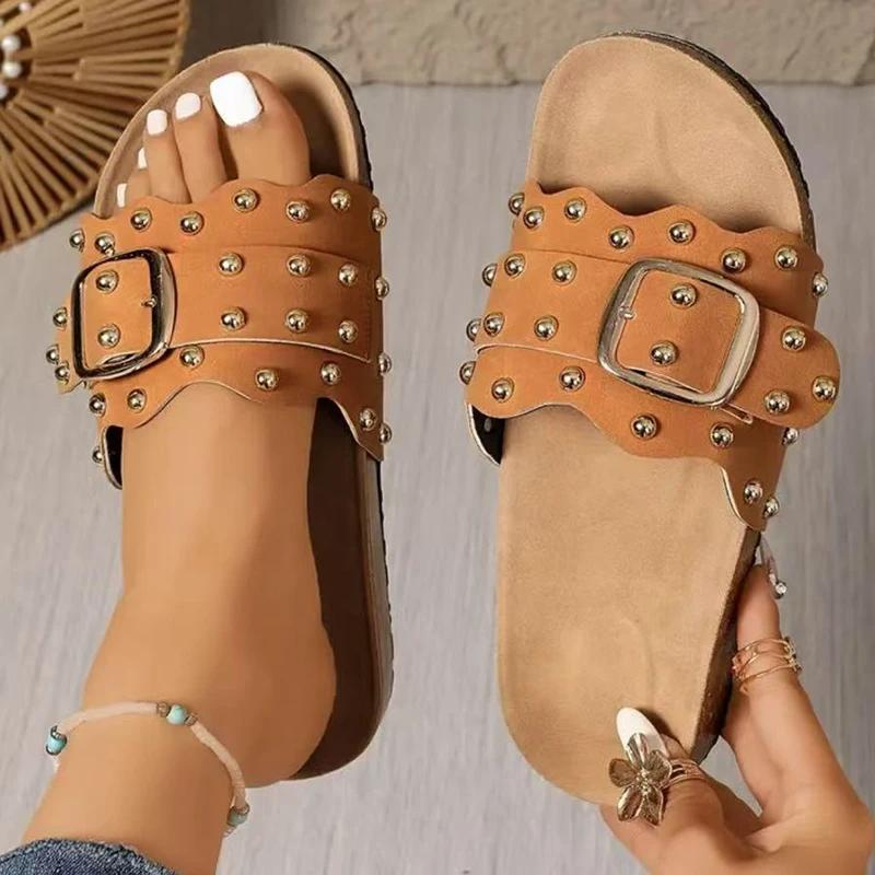 Fashion Buckle Rivet Decor Flat Sandals for Women 2025 Summer Retro Thick Sole Non Slip Slippers Plus Size Comfort Platform Beach Shoes