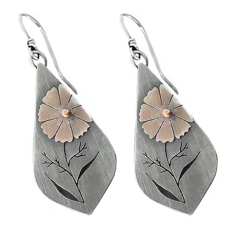 Vintage Ethnische Silberfarbene Metall Schnitzerei Blatt Blume Hängeohrringe für Frauen Schmuck