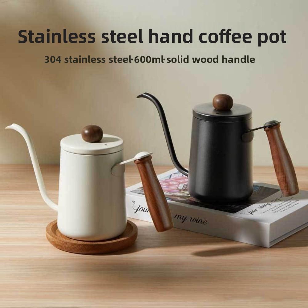 304 Stainless Steel Hand Brewed Coffee Pot Solid Wood Handle 600ml Capacity Gooseneck Spout Kettle Long Spout Thin Mouth