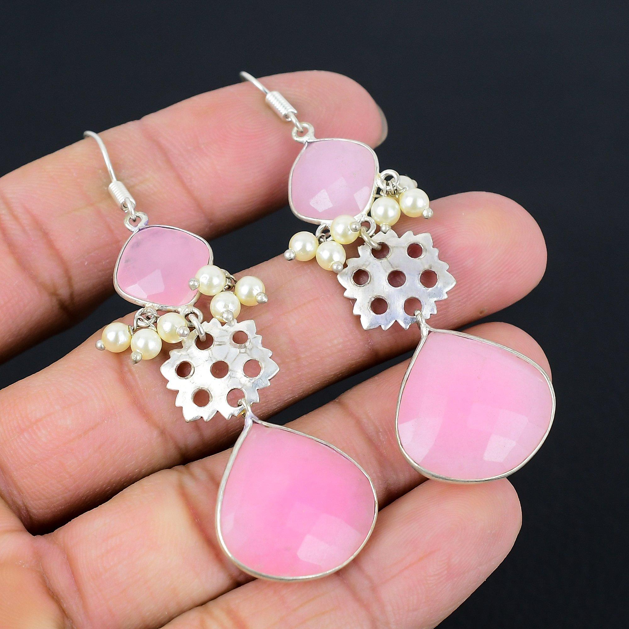 

Halloween Deal Natural Pink Chalcedony Dangle Drop Earrings Jewelry 925 Silver