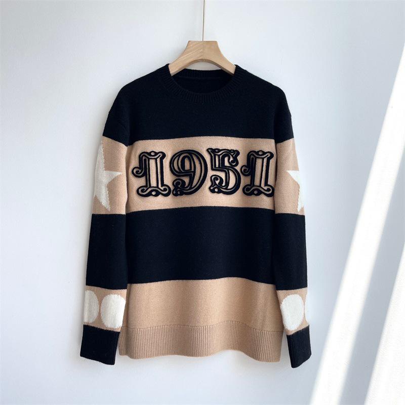 Women's Retro Classic MAX Family Wool Pullover: Round Neck, Long Sleeve, Embroidered Digital Knit, Cashmere Color Block Sweater