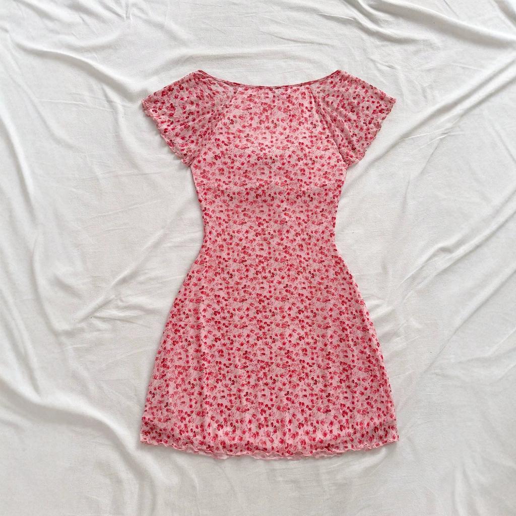 Women's U Neck Cap Sleeve Floral Mini Dress Slim Fit High Waist Mesh Panel Bodycon Dress 2026 Summer Sweet French Vacation Short Dress