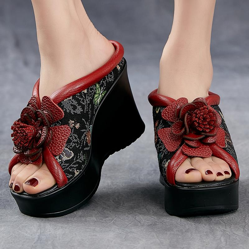 Fashion GKTINOO Ethnic Style Women Slippers Summer Embroider Flowers Wedges Open Toe Slippers Outside Genuine Leather Platform Slides