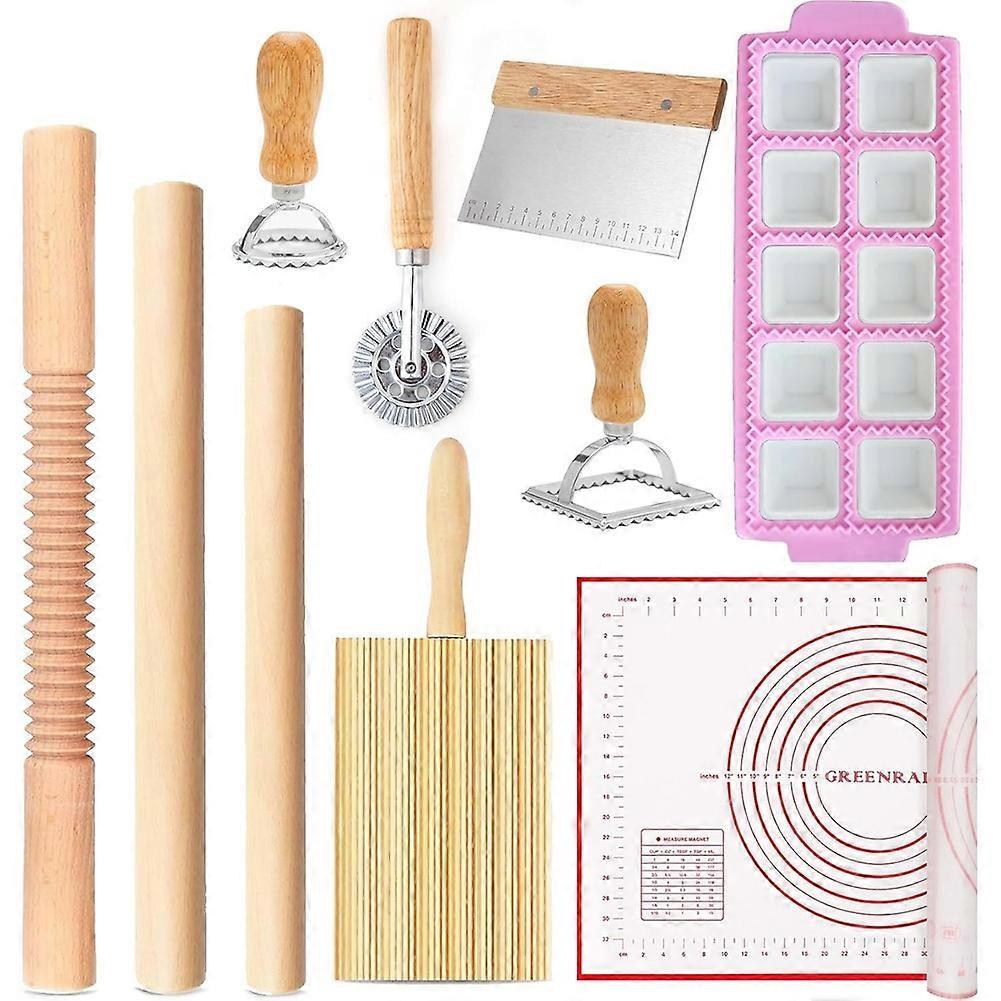 Pasta Making Tools Kit, Ravioli Maker Set with Rolling Pins, Gnocchi Board, Stamps, Cutter & Baking Mat