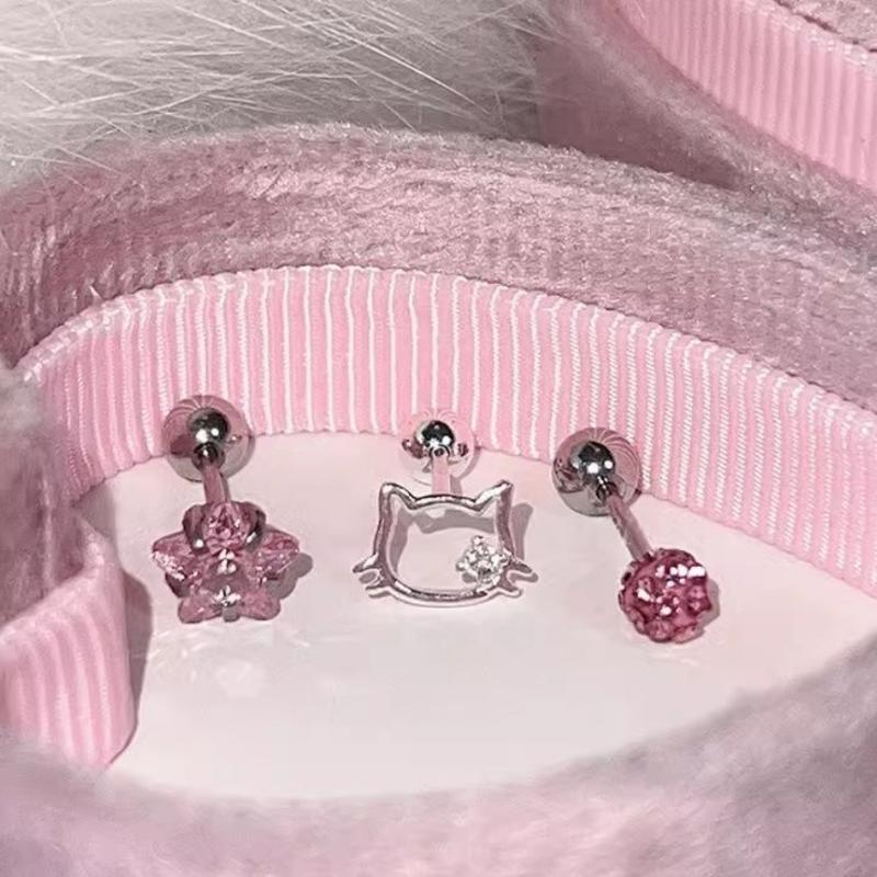 3Pcs Able Cartoon Hollow Cat Ears Earings Pink Small Star-Shaped Ear Studs For Women Girls Funny Jewelry Accessories Gift 3Pcs