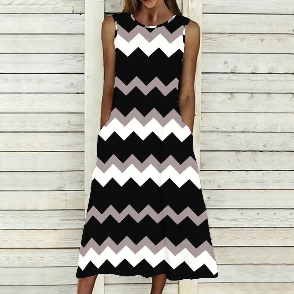 Oversized Women Sleeveless Round Neck Dress Elegant Scattered Bouquet Flowy Calf Length Gown