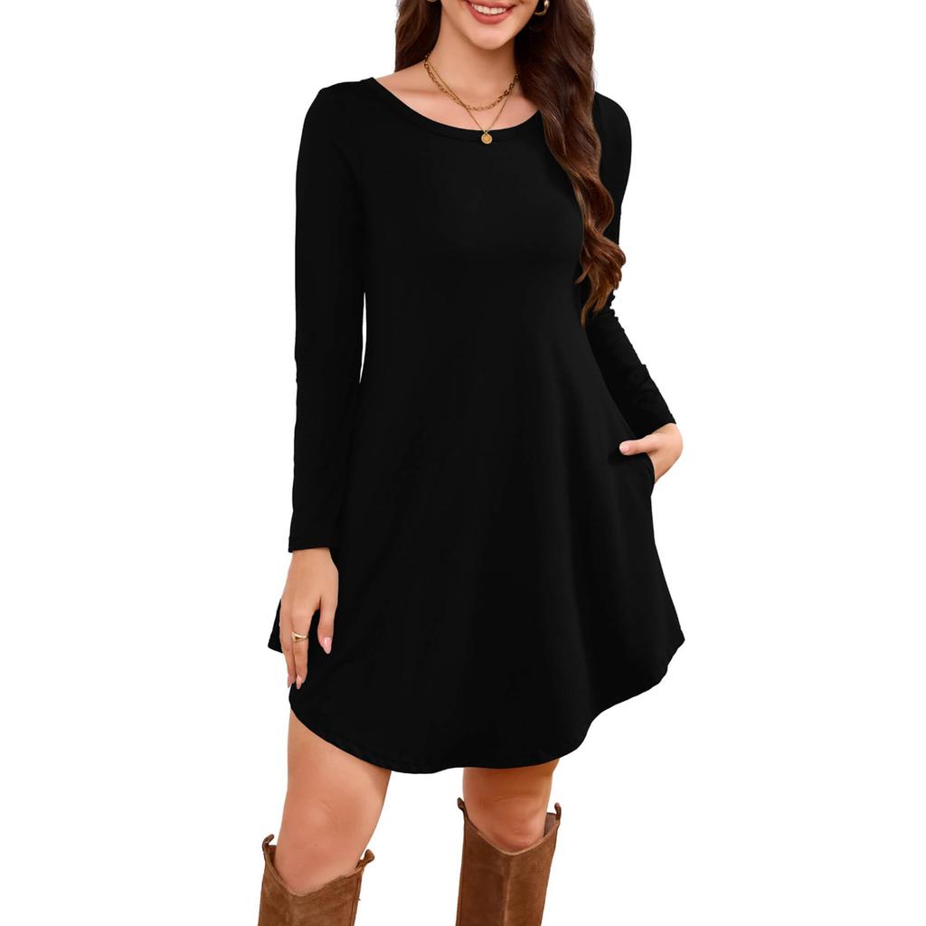 Women's Long-sleeved T-shirt Dress With Round Neck, Knee-length, Loose Fit, Casual And Pockets