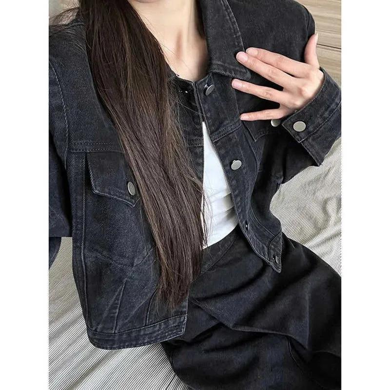 Women's Winter 2025 Korean Style Black Denim Jacket & A-line Skirt Set