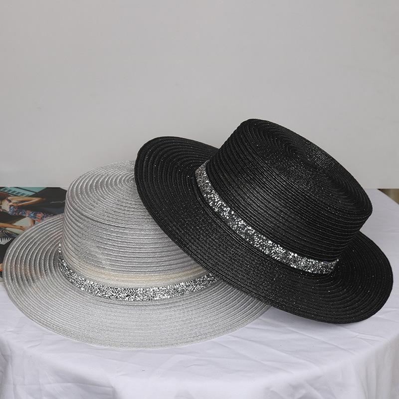 Silver Wire Braided Flat Top Straw Sun Hat With Wide Brim Diamond Waist Cover Light Luxury Summer High-End Sun Protection