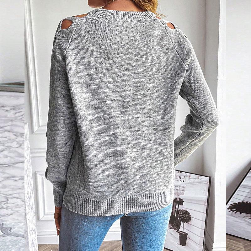European and American Autumn/Winter Women's Woolen Sweater: Hollow Fabric Strip Patchwork Long Sleeve Knitwear, Round Neck Pullover Top