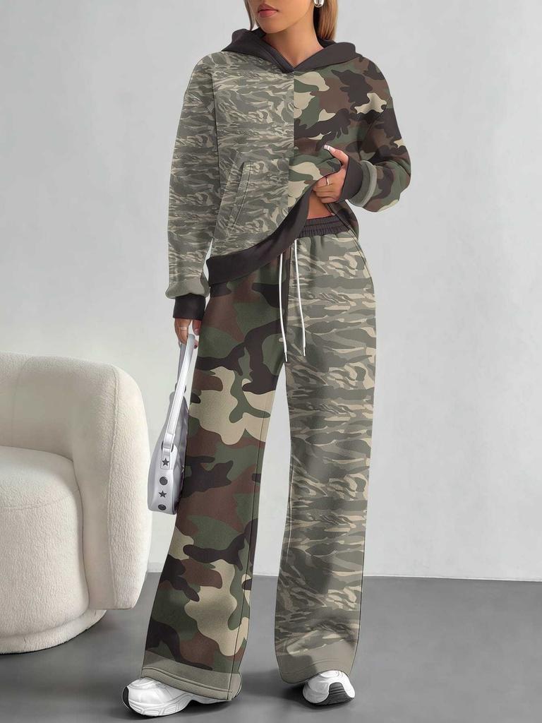 Color Graffiti European and American Autumn and Winter Casual Long-sleeved Suit Women's Hooded Sweater Trousers Two-piece Set