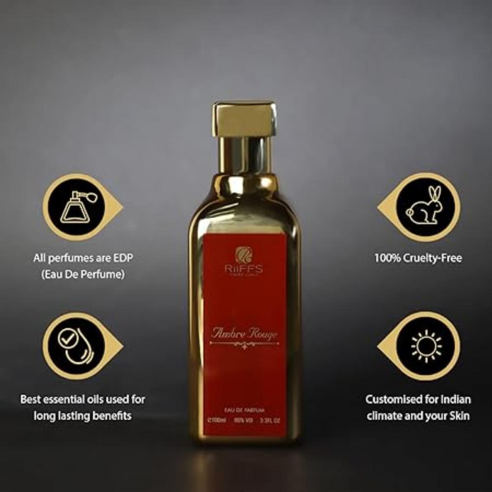 RiiFFS Ambre Rouge Premium Imported Scent, kwiatowy, bursztynowy i aromatyczny, kojący zapach, długotrwały zapach perfum w sprayu dla mężczyzn i kobiet, 100 ml