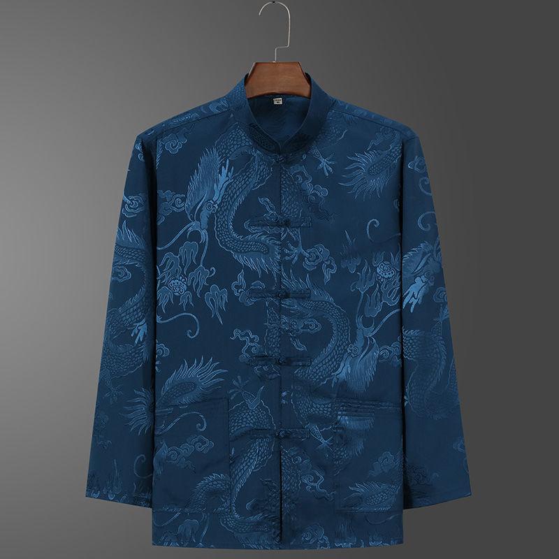 Spring Middle Aged Elderly Tang Set Men's Long Sleeved Satin Dragon Kung Fu Chinese Plus Size Shirt Training Clothing