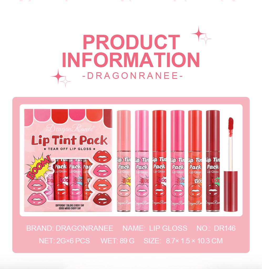6 stk/boks Tear-Off Lip Gloss Set Vanntett Varig Matt Rød Peel Off Liquid Lipstick Lip Dye Tattoo Tinted Non-Ticky Lip Glaze