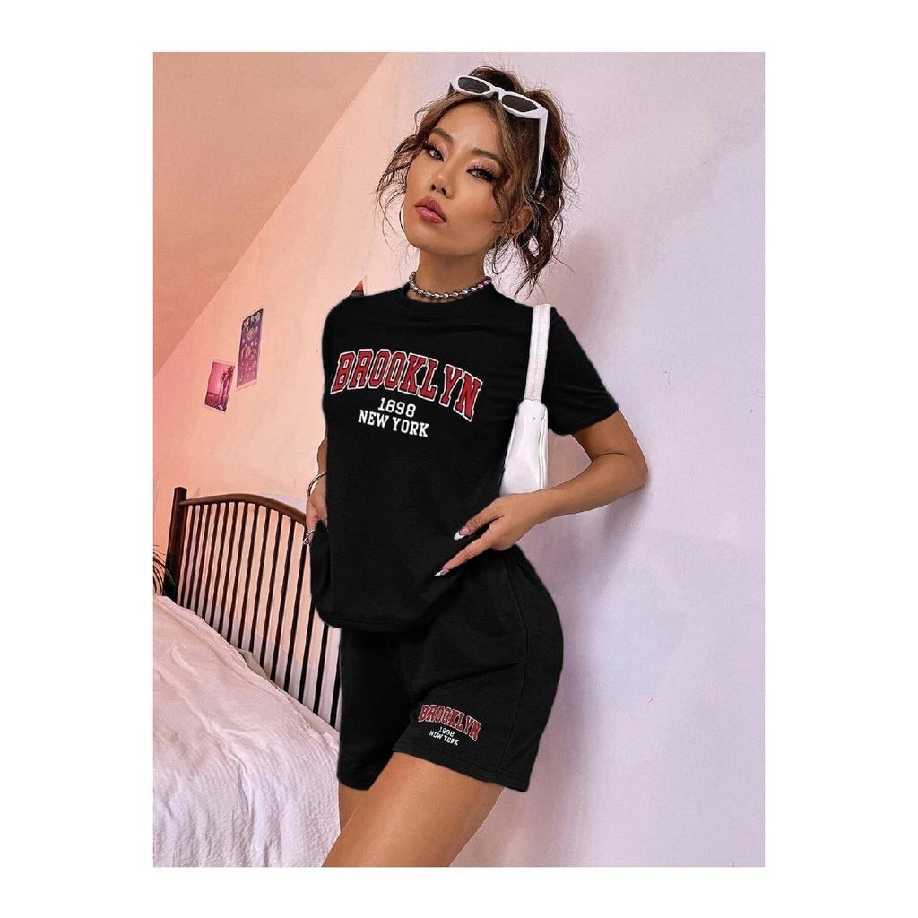 Brooklyn New York White T-shirt Gray Shorts - T-shirt With Shorts Top And Bottom Set Printed Crew Neck