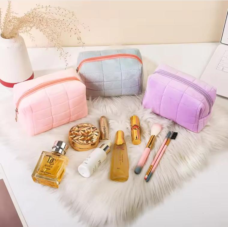 Cute Soft Plush Small Cosmetic Bag Portable Travel Pouch Solid Color Zipper Toiletry Storage Organizer for Women Makeup