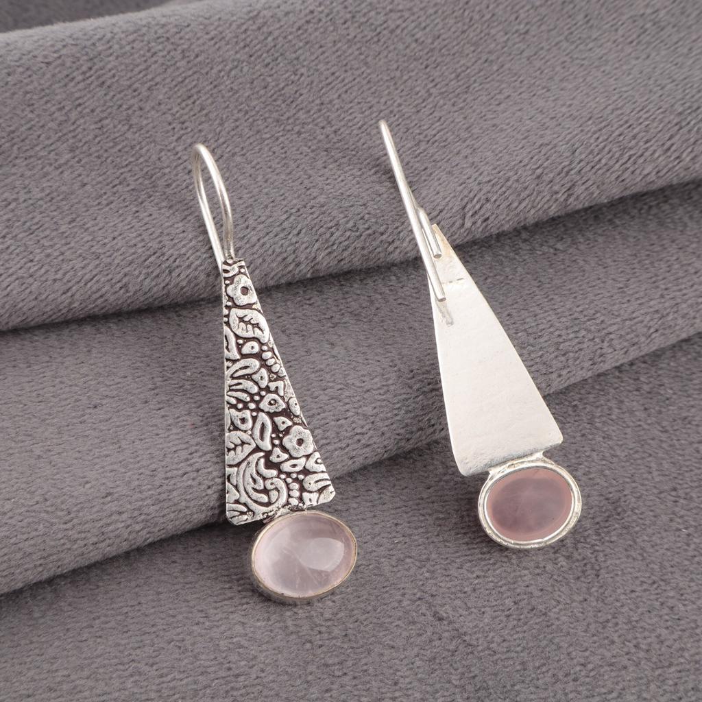 Natural Rose Quartz Gemstone 925 Sterling Silver Jewelry Handmade Earrings 1.9" EE-165-24