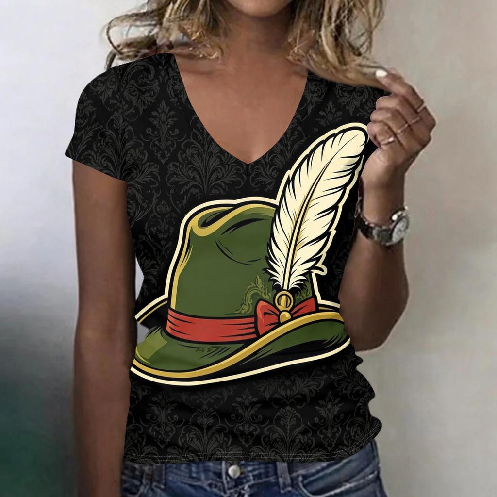 Women's Casual V Neck Short Sleeve T Shirt Oktoberfest Print Top Lightweight Soft Fabric Relaxed Fit Tee for Everyday Wear