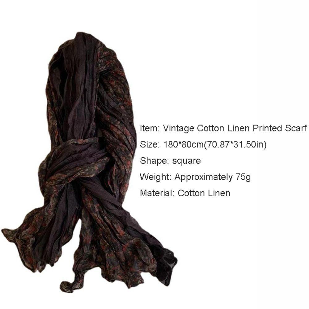 Keep Warm Pleated Printed Scarf Vintage Shawl Wrap Floral Cotton Linen Scarf
