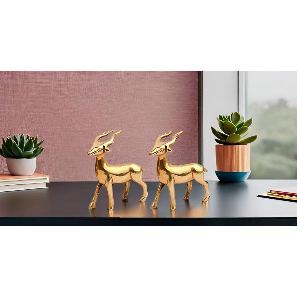 Brass Deer Statue | Height-9.5 Cm Aprrox Vastu Idol for Home and Office | Zonal Placement- West/WNW | Pack of 2