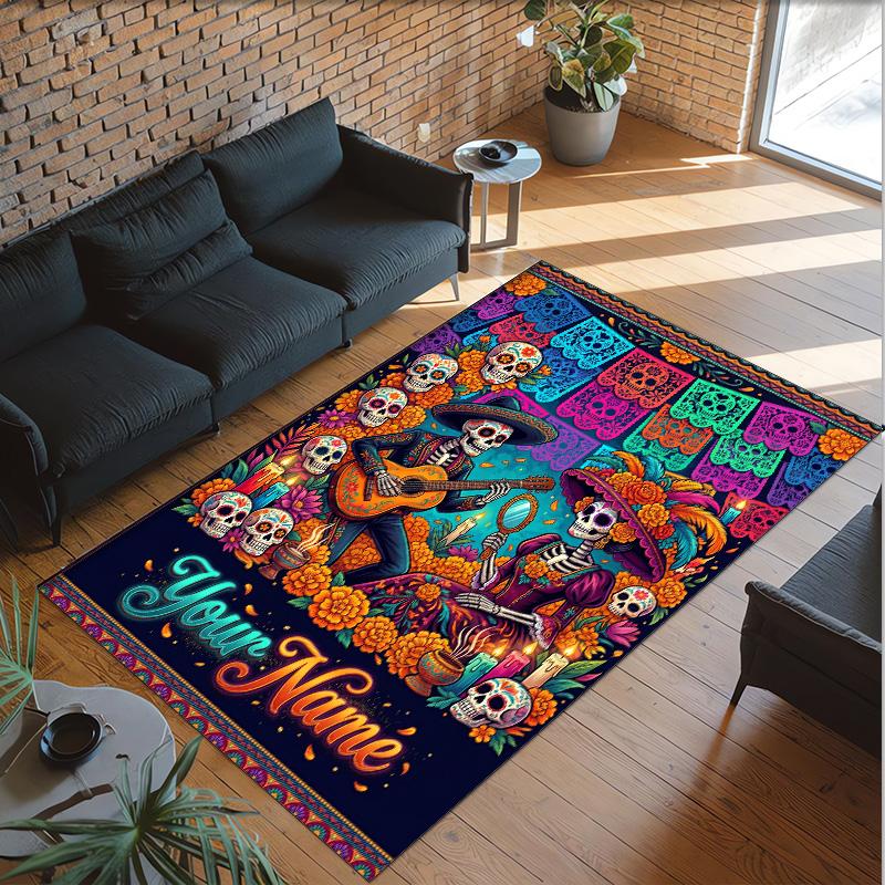 Day of the Dead Theme Crystal Velvet Rug Personalized Custom Name Text Soft Floor Mat Home Decor