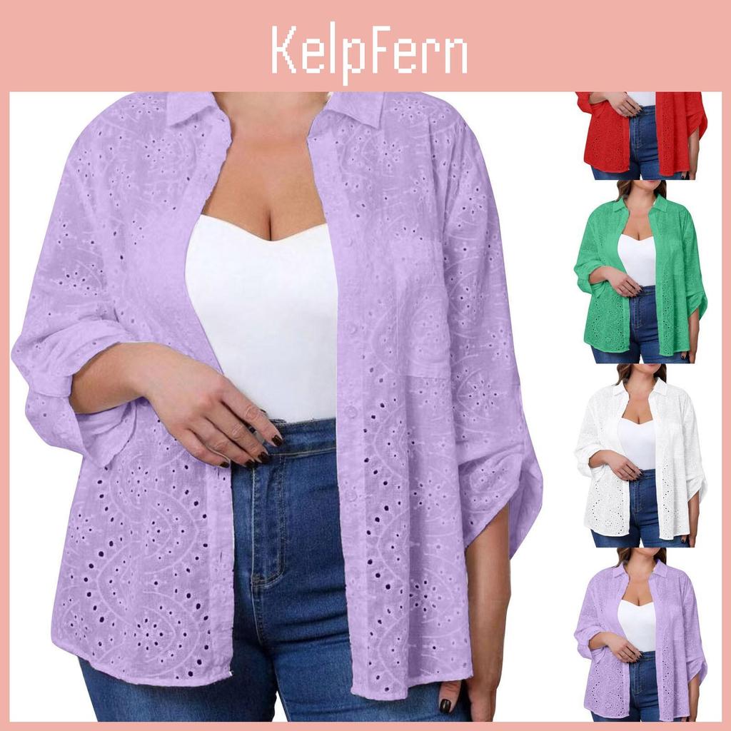 Loose Casual Womens Collar Shirt Embroidered Hollowed Out Shirt Top