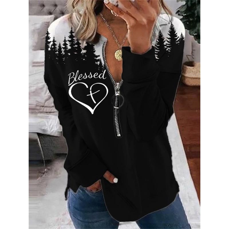 Womens Trendy Abstract Print Half-Zip Long Sleeve Hooded Sweatshirt Streetwear