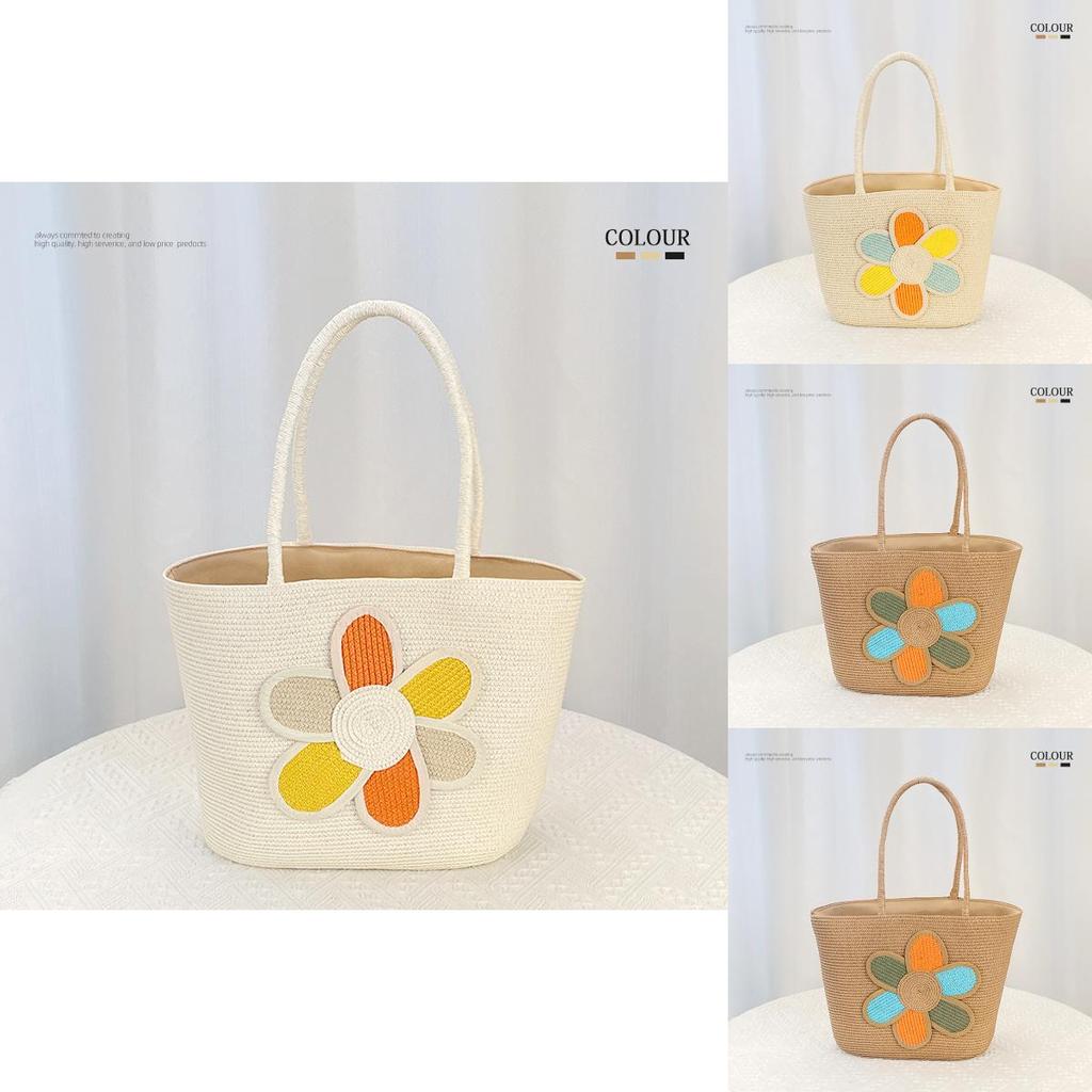 Simple Flower Color Blocked Pattern Women Large Capacity Woven Tote Bag For Summer Casual Use