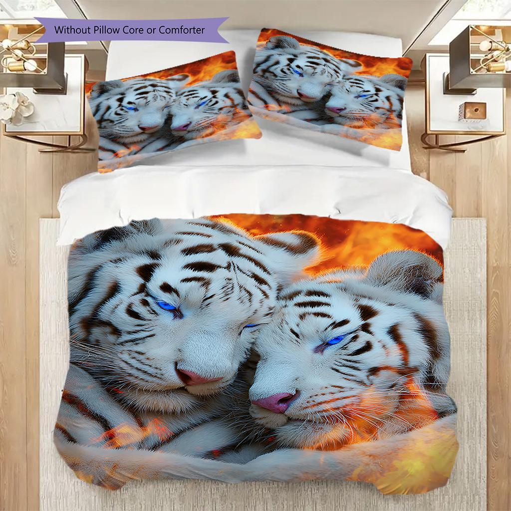 White Tiger Pattern Bedding Quilt Set Quilt Cover Pillowcase Home Decoration Birthday Gift (1 * Duvet Cover + 2 * Pillowcase, Without Core)