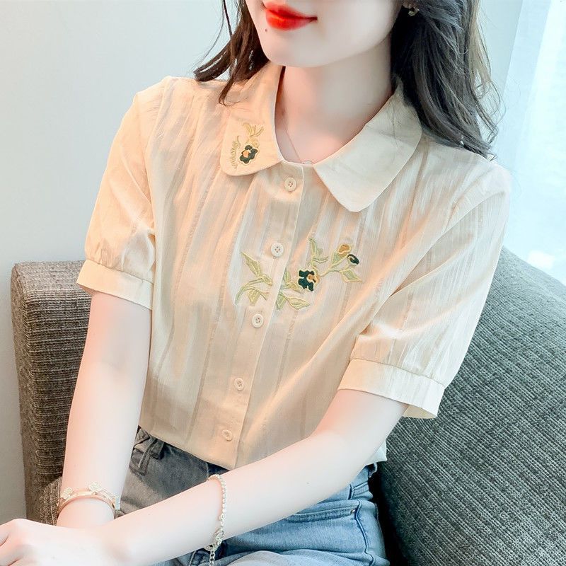 

FiveFive Летняя рубашка поло Свободная повседневная рубашка из чистого хлопка с вышивкой Леди с коротким рукавом Элегантный топ на пуговицах Женский кардиган Блузка размера плюс XS абрикосовый