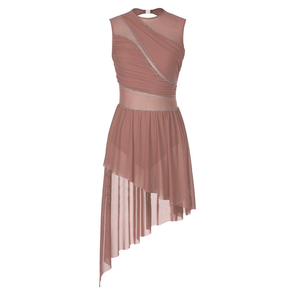 Womens Shiny Rhinestone Sheer Mesh Dress Open Back Asymmetrical Hem Sleeveless Dress Figure Skating Dance Performance