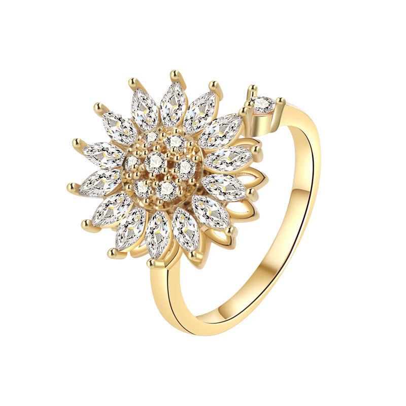 Geometric Rotating Ring For Women With Sunflower Design And Adjustable Copper Material