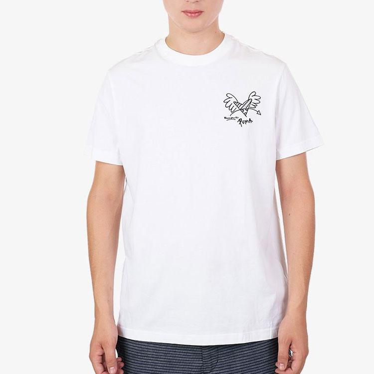 Puma x Britto Embroidered Heart Pattern Round Neck Short Sleeve T-Shirt Unisex Tops White 532234-02