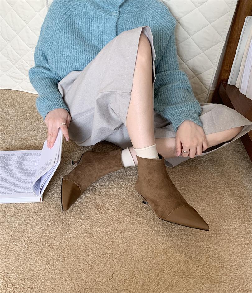 2025 autumn and winter new pointed suede splicing thin heel medium heel short boots high heel elastic thin boots socks boots women's shoes