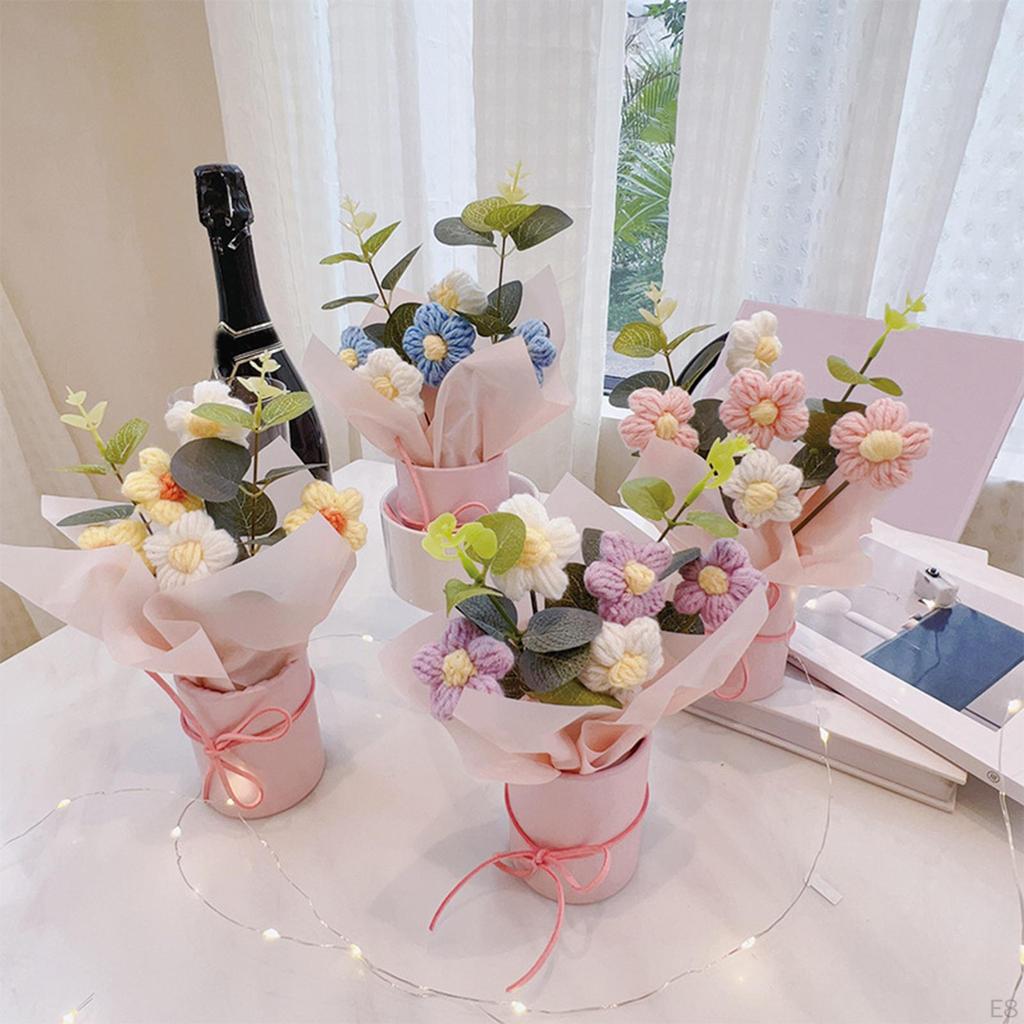 Artificial Flowers Crochet Flower Bouquet with Lights Decor Knitting for Girlfriend Shelf