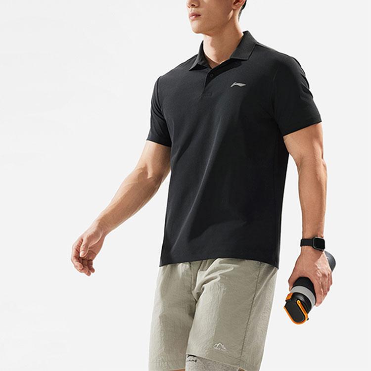 Li-Ning Fitness Series Solid Color Moisture Wicking Quick Dry Pullover Sports Polo Shirt Men tops Black APLU149-1