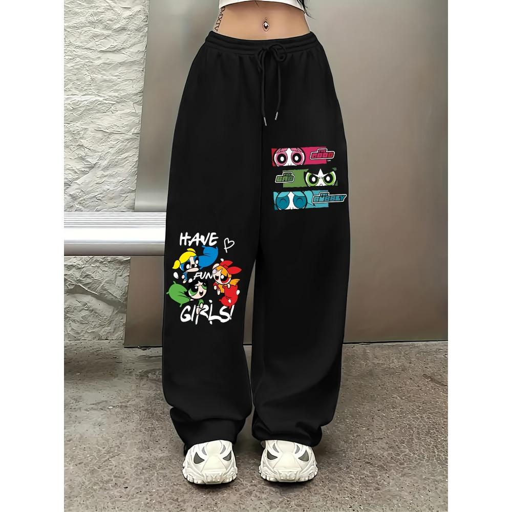 The Powerpuff Printed Loose Straight-leg Pants, Casual Hip-hop Streetwear Trousers, Women s Wide-leg Pants S