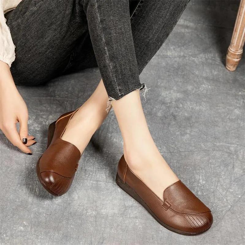 Mode Frühling Neue Flache Mutterschuhe Echtes Leder Lässige Damenschuhe Rindsleder Flacher Ausschnitt Damen Einzelne Schuhe